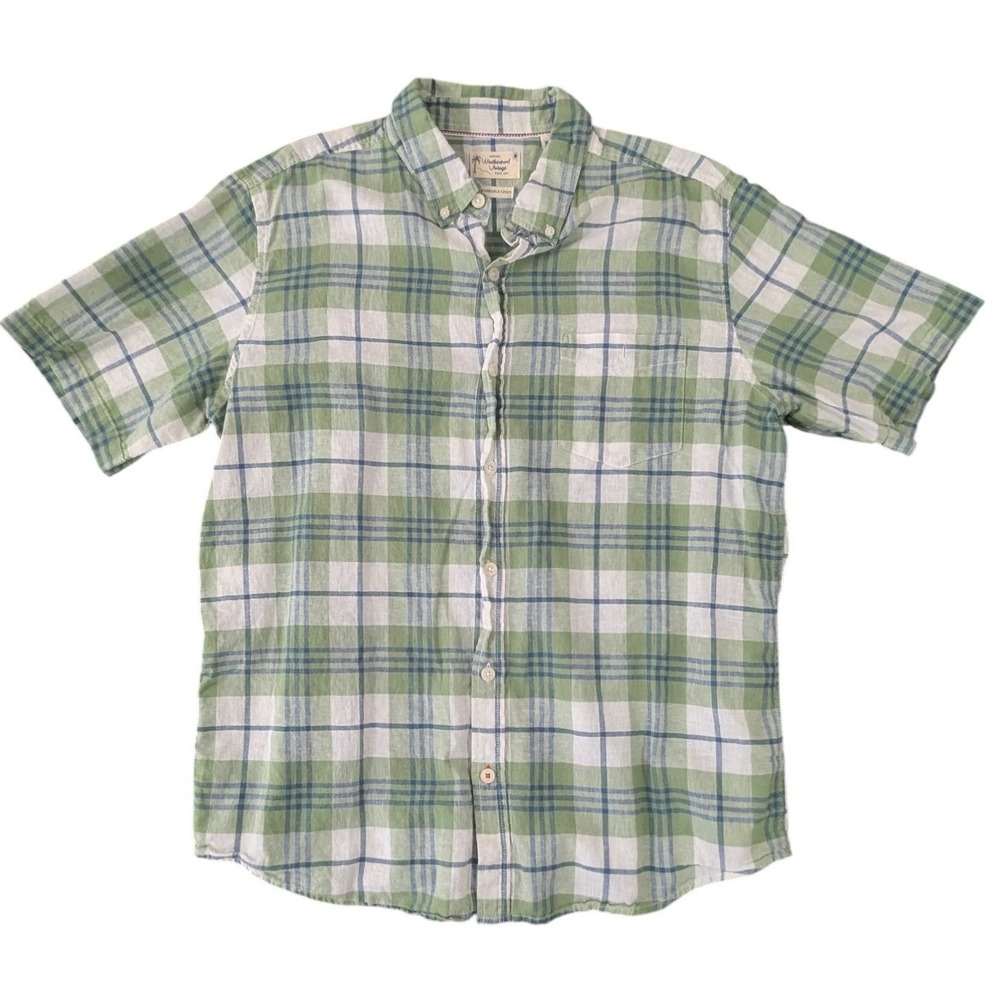 Weatherproof Vintage Mens XL Green Plaid‎ Linen Blend Short Sleeve Button Down